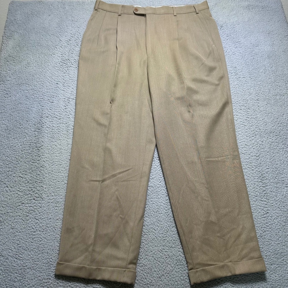 Marshs Huntington Mens 40 Tan 100% Wool Pleated Cuffed Dress Pants Made in Italy